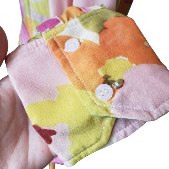 With Jean Pink Green Yellow Orange Floral Long Sleeve Button Front Collar Dress - Picture 16 of 16